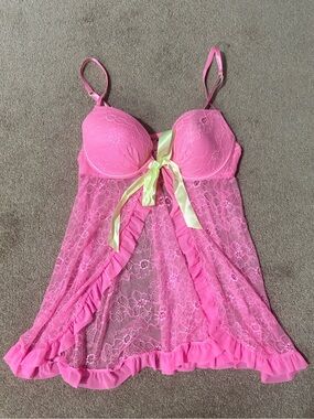 Pink Lace open Babydoll Chemise with Bow